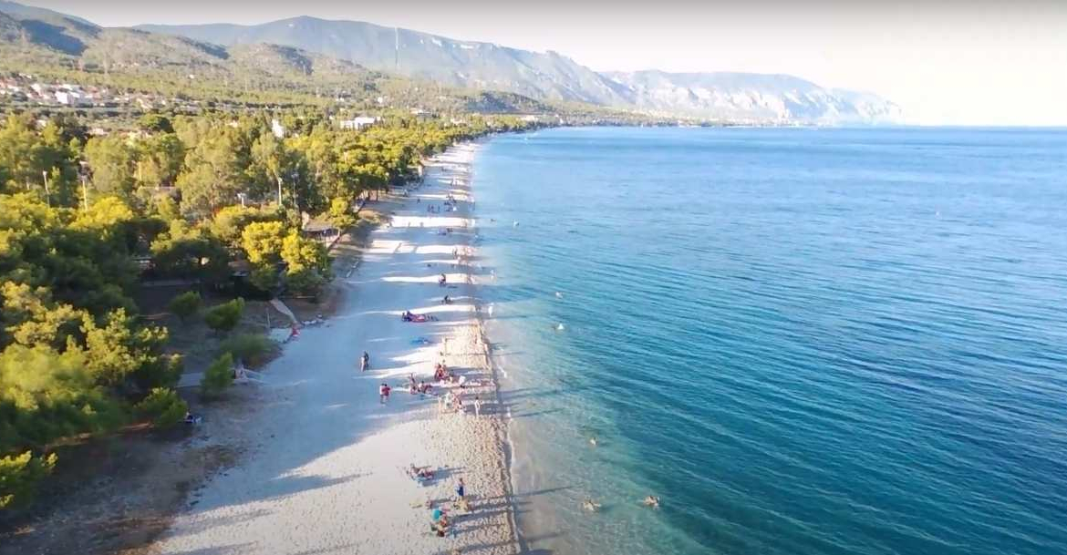 Εναέρια άποψη της παραλίας Πευκάκια με αμμουδιά, καταγάλανα νερά και πεύκα, στην περιοχή των Αγ. Θεοδώρων, Κορίνθου, όπου βρίσκεται το συγκρότημα Σύγχρονων Διαμερισμάτων, από την Hellenic Property.